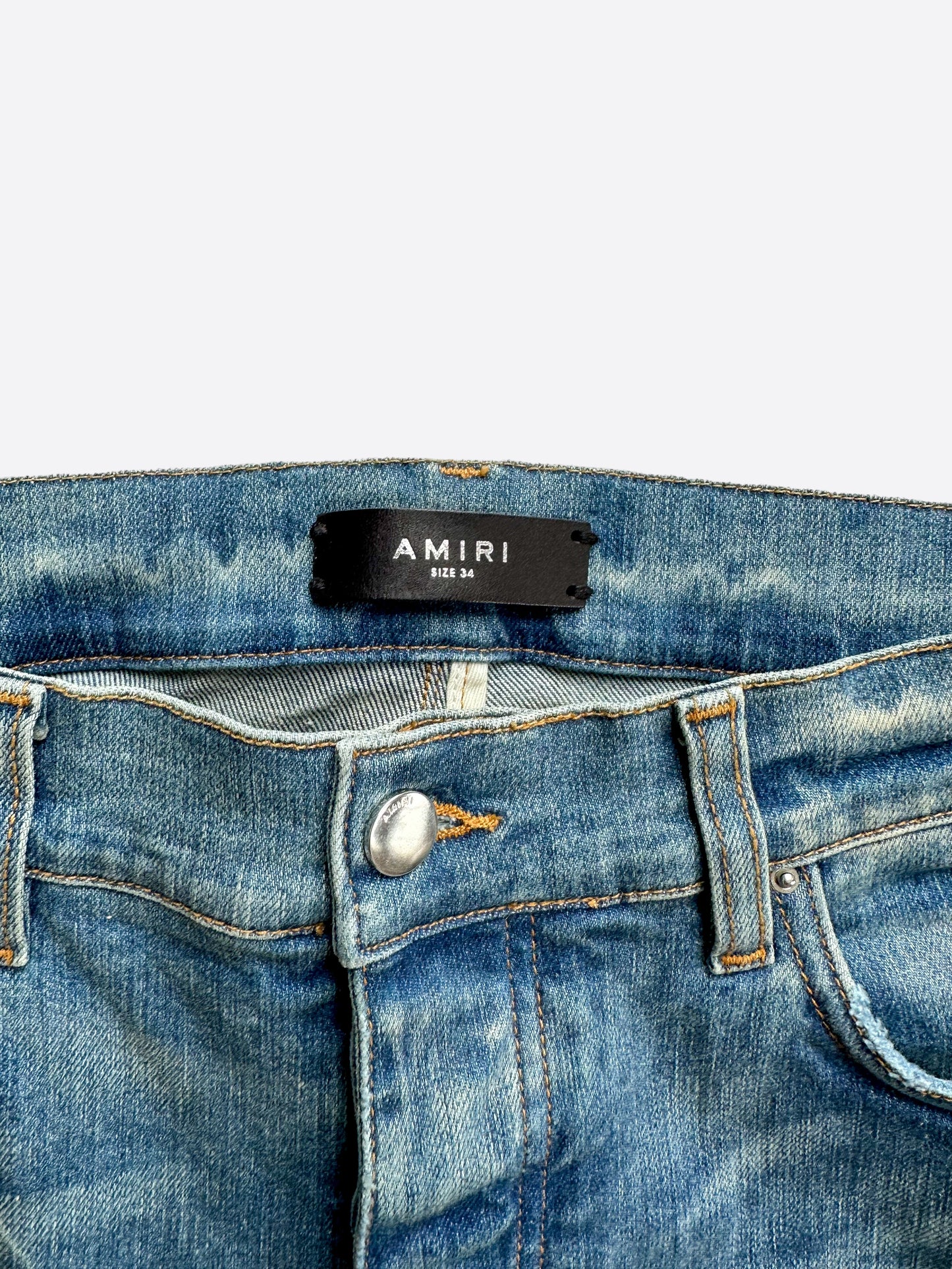 Amiri Blue Distressed Denim Patch Applique Detailed Slim Fit Jeans M Amiri