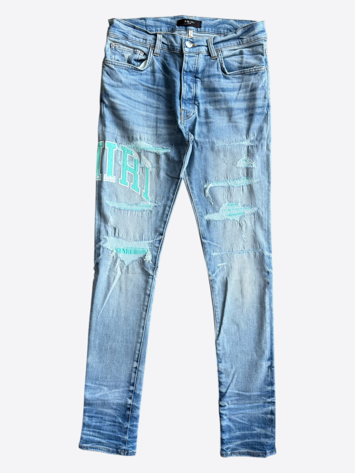 Amiri Perfect Indigo & Blue Varsity Logo Repair Jeans