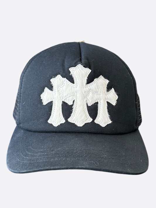 Chrome Hearts Black & White Ponyhair Triple Cross Patch Hat