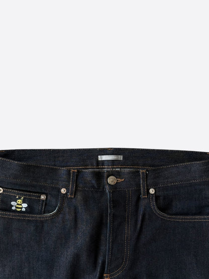 Dior Kaws Dark Blue Embroidered Bee Slim Jeans