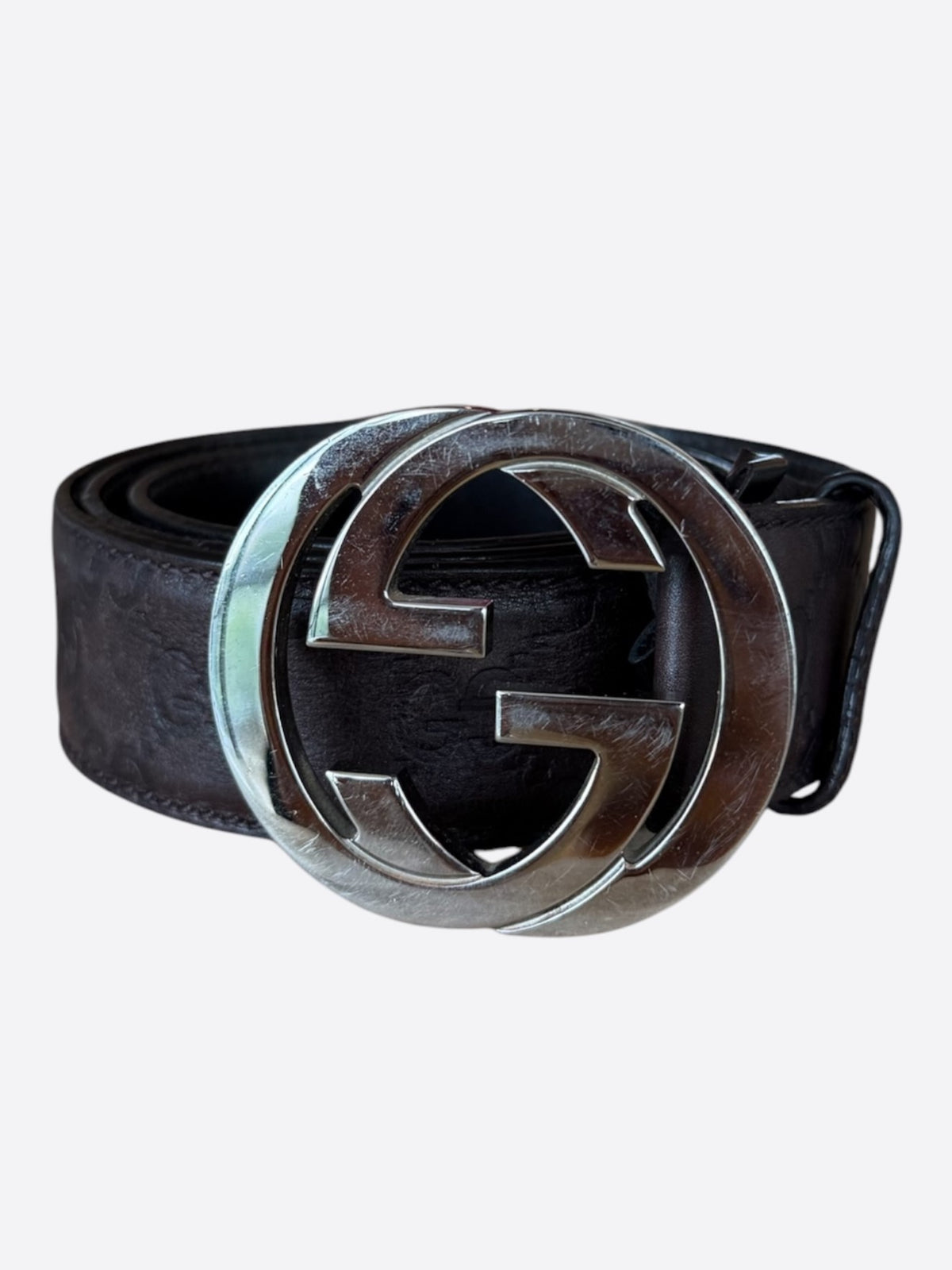 Gucci Brown & Silver GG Buckle Monogram Belt