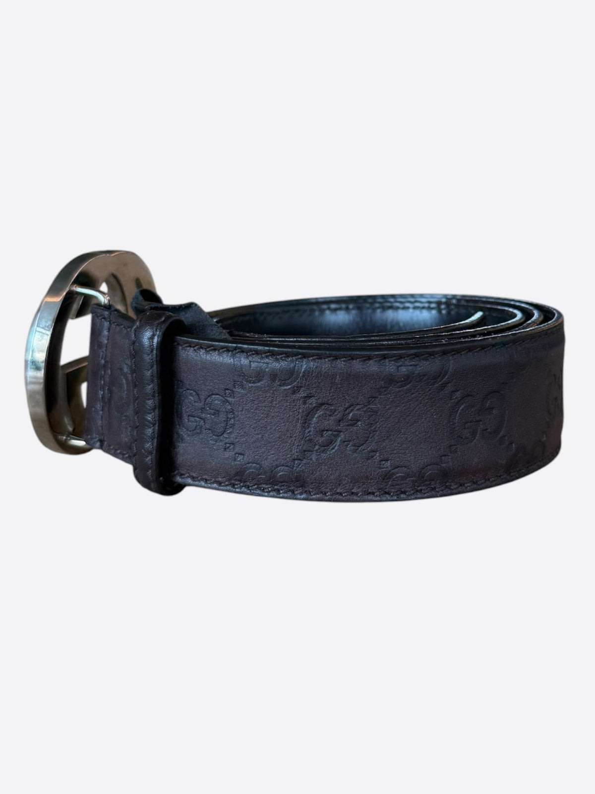 Gucci Brown & Silver GG Buckle Monogram Belt