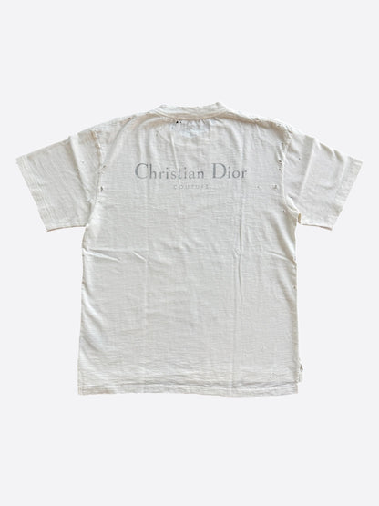 Dior White & Grey Couture Logo Distressed T-Shirt