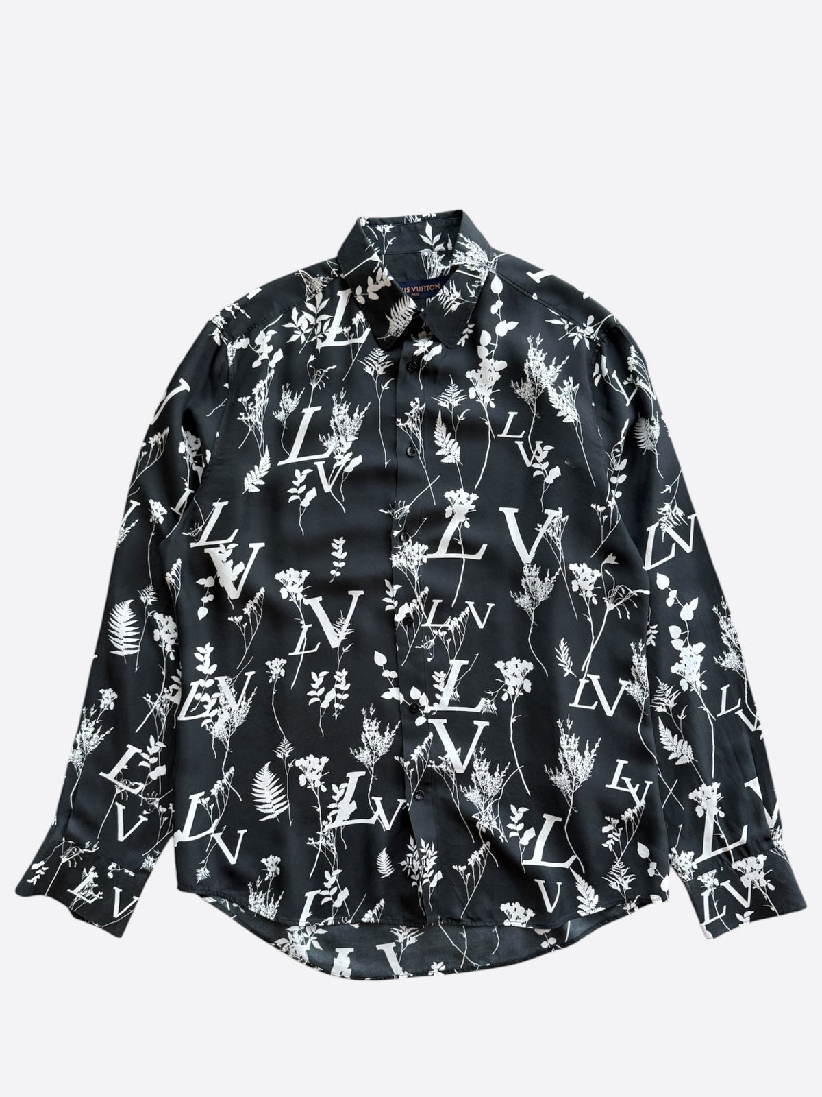 Louis Vuitton Navy & White Leaf Silk Button Up Shirt