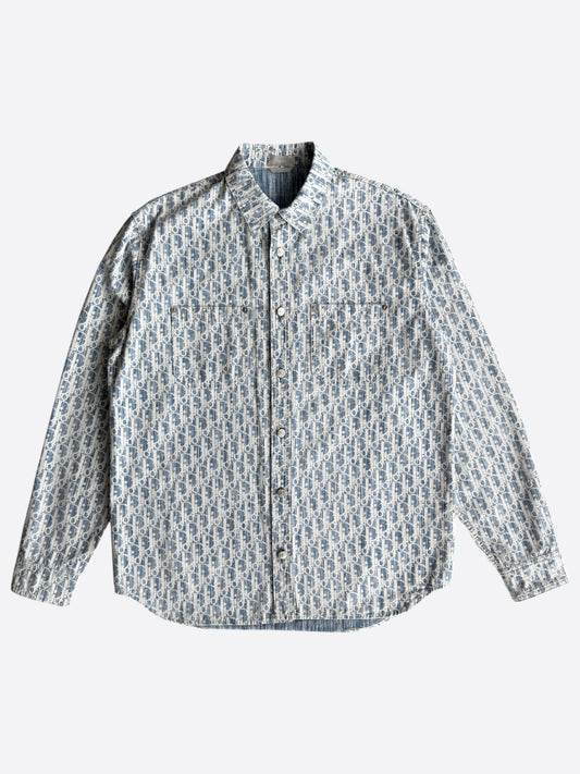 Dior Blue & White Oblique Denim Button Up Shirt