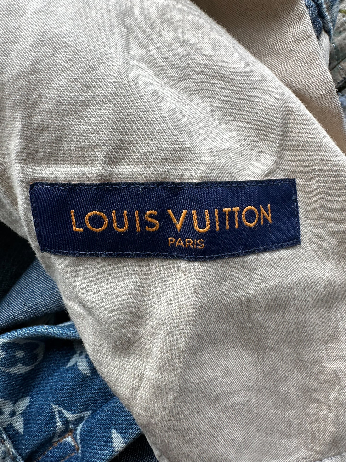 Louis Vuitton Blue Distressed Floral Monogram Flared Carpenter Jeans