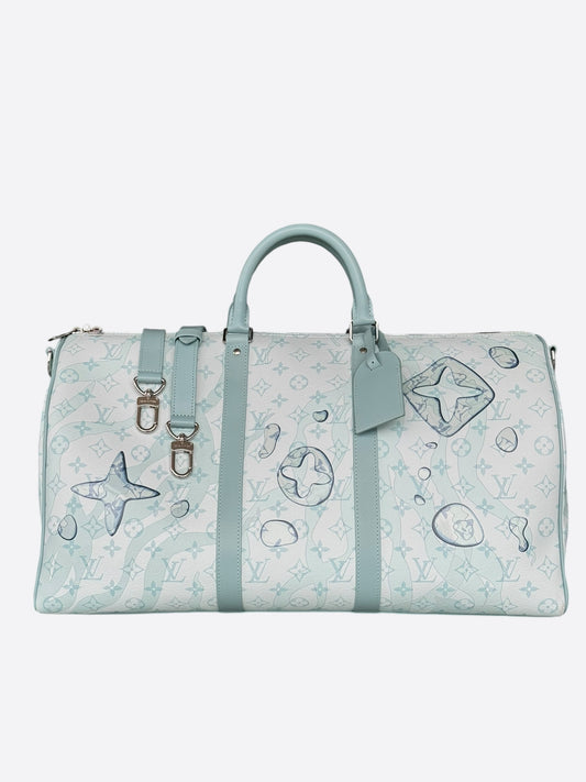 Louis Vuitton White & Blue Aquagarden Monogram Keepall 50