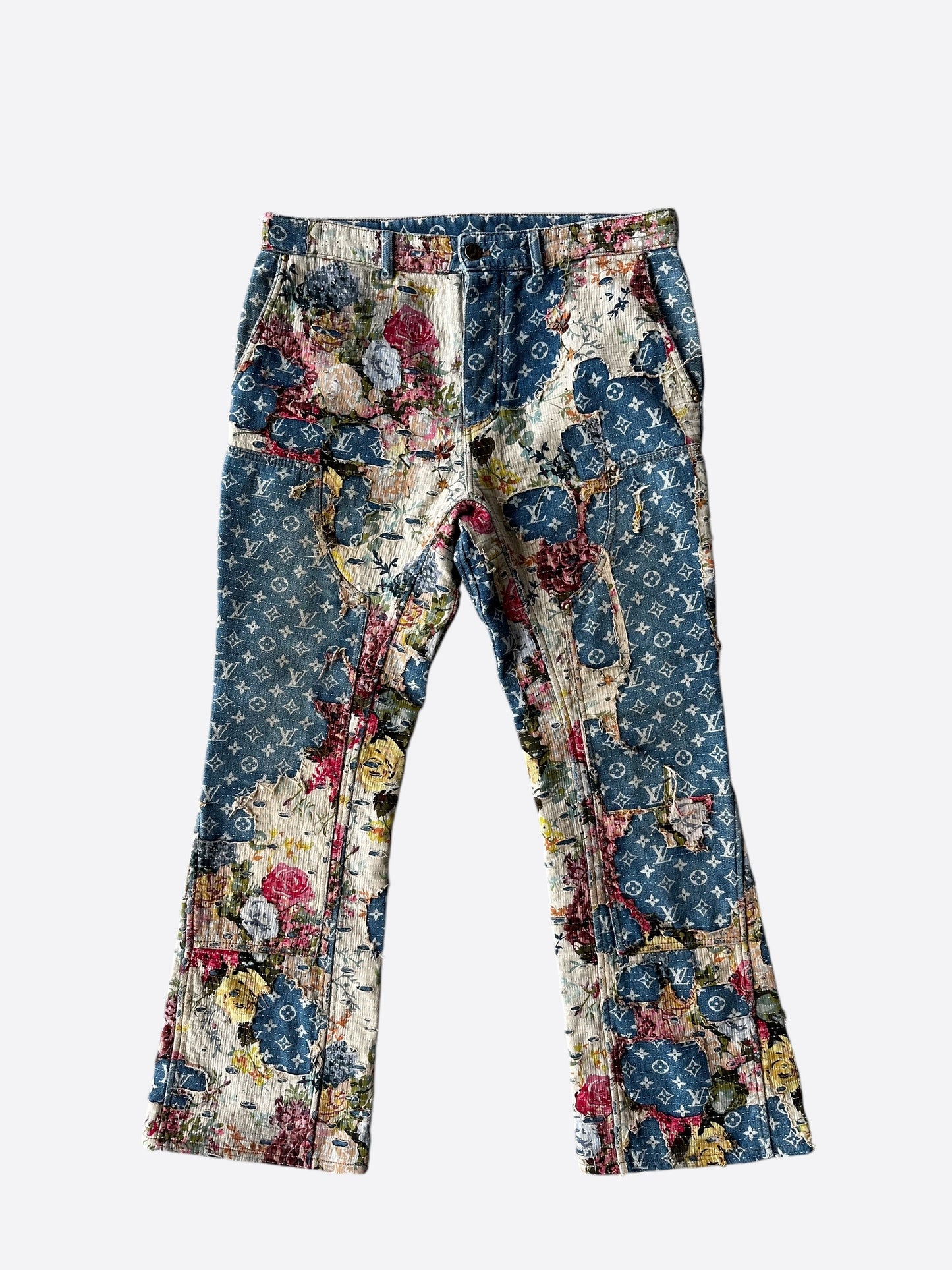 Louis Vuitton Blue Distressed Floral Monogram Flared Carpenter Jeans