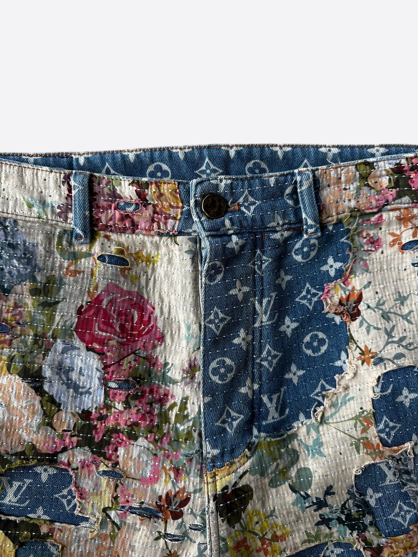 Louis Vuitton Blue Distressed Floral Monogram Flared Carpenter Jeans