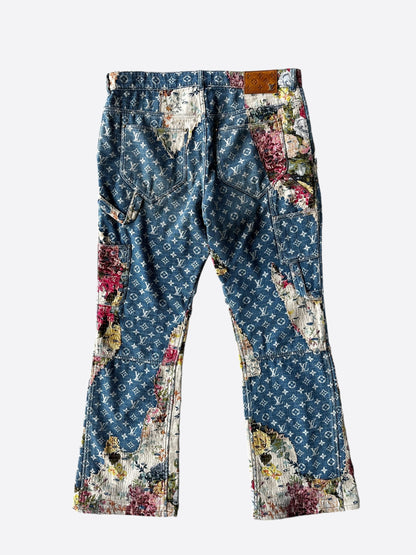 Louis Vuitton Blue Distressed Floral Monogram Flared Carpenter Jeans