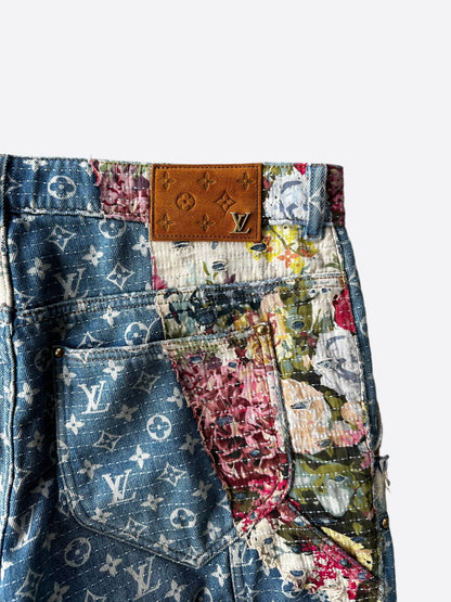 Louis Vuitton Blue Distressed Floral Monogram Flared Carpenter Jeans