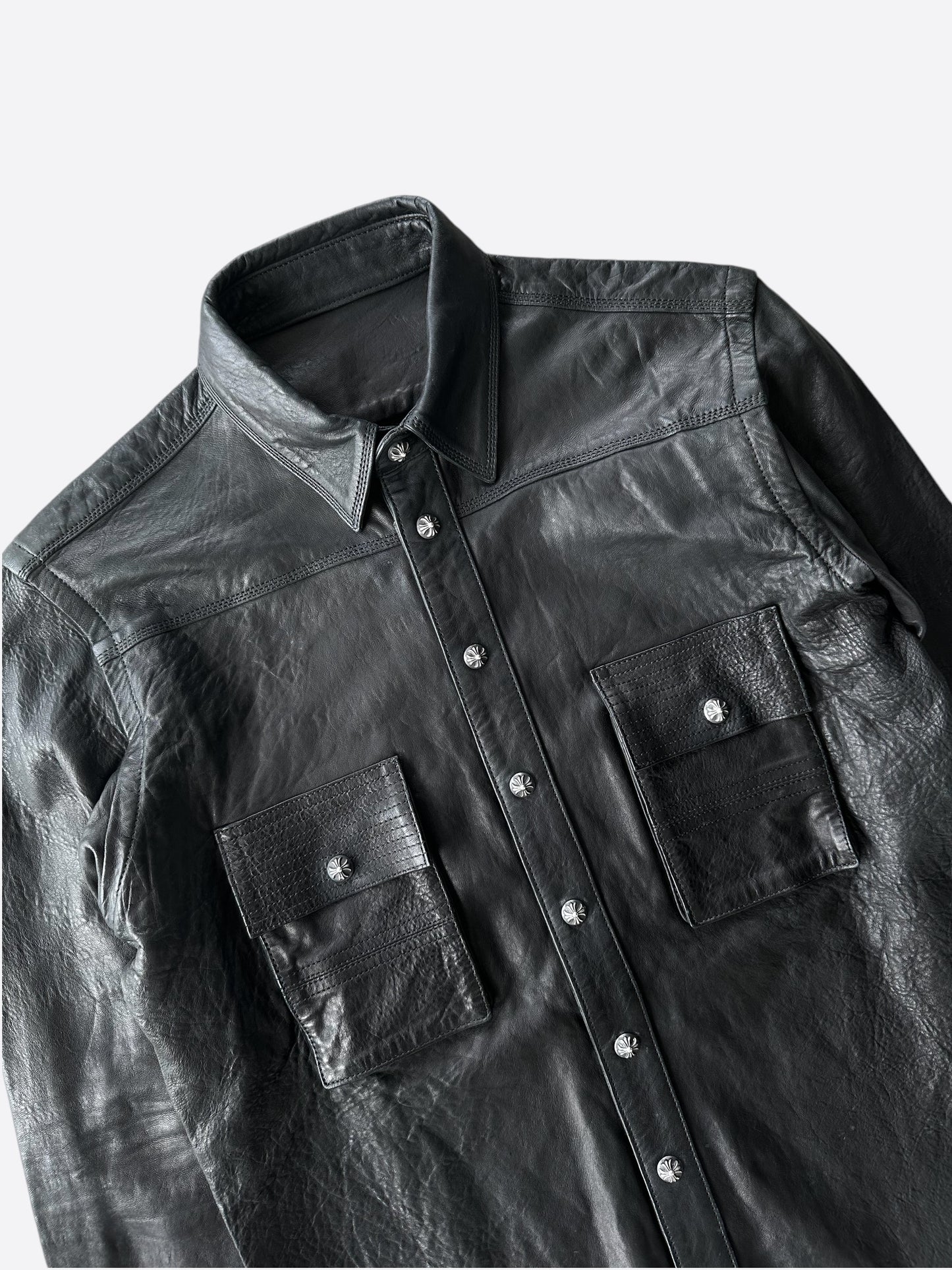 Chrome Hearts Black Leather Button Up Shirt