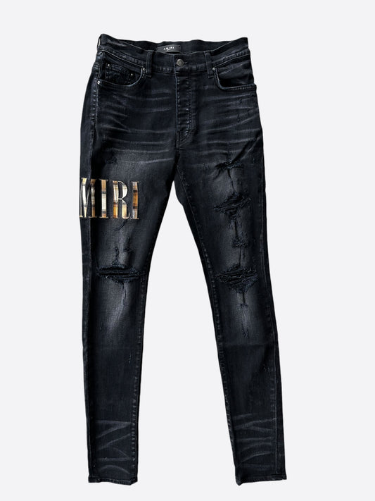 Amiri Aged Black Flannel Core Logo Distressed Jeans