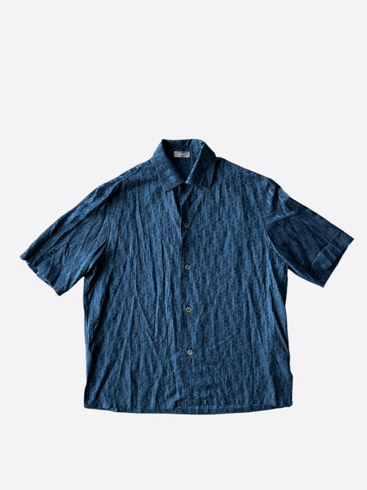 Dior Blue Oblique Silk Button Up Shirt