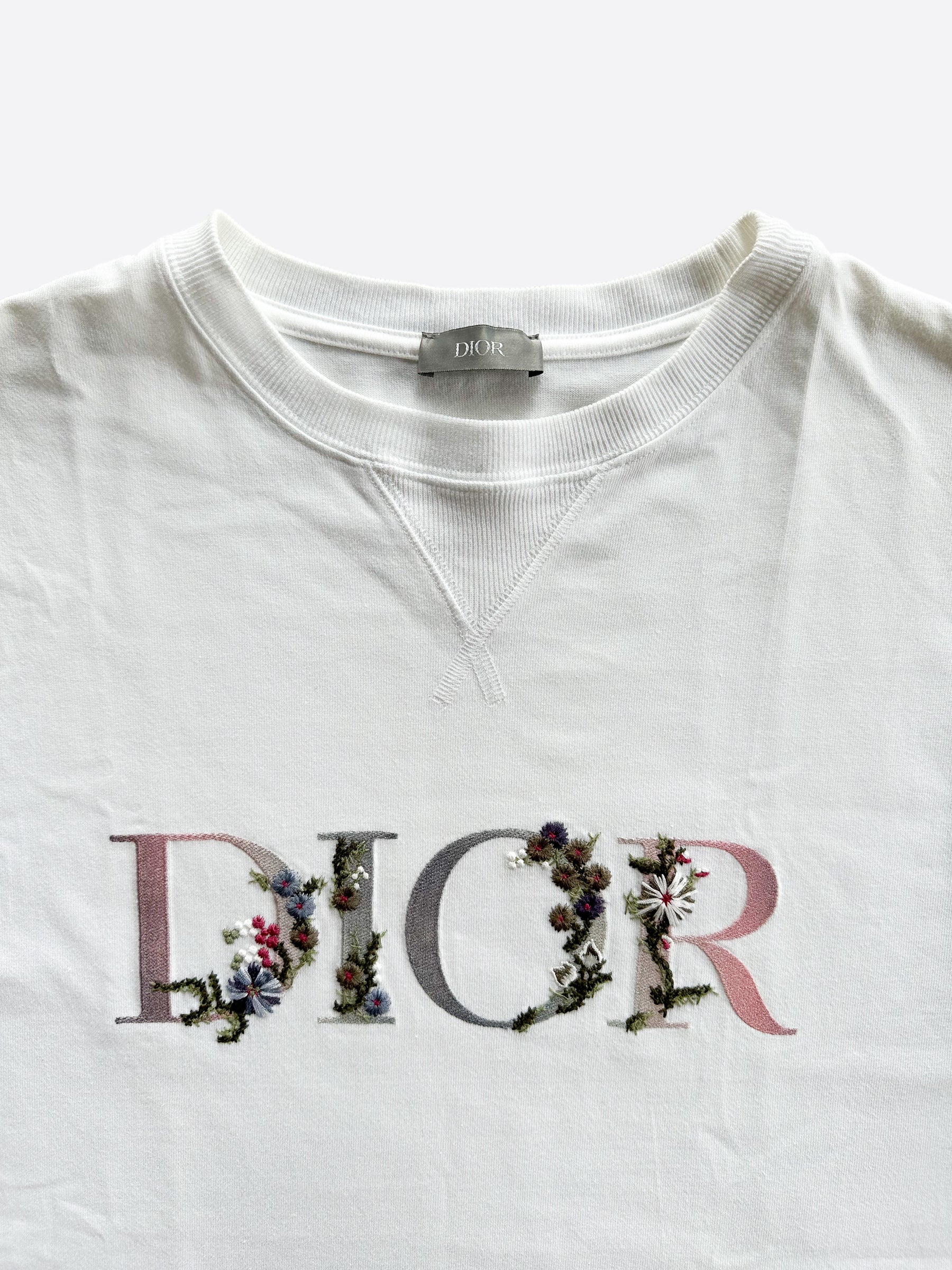 Dior White Floral Logo Embroidered T-Shirt