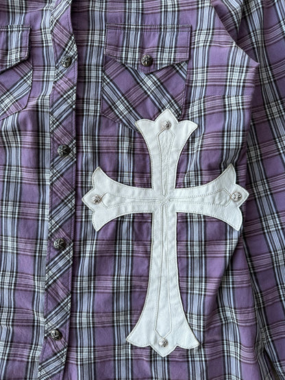 Chrome Hearts Purple & White Cross Patch Flannel Shirt