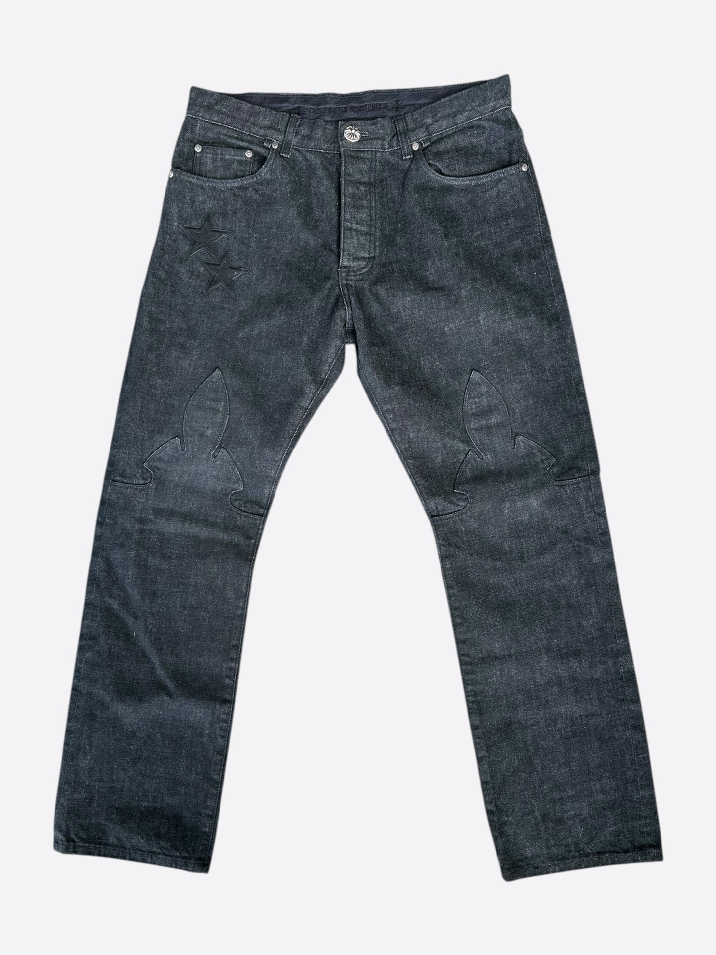 Chrome Hearts Grey & Black Star Patch Fleur Knee Jeans