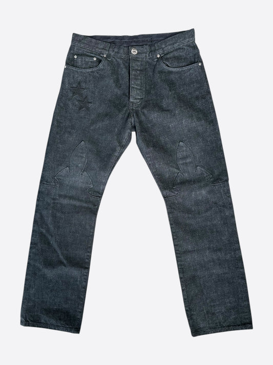 Chrome Hearts Grey & Black Star Patch Fleur Knee Jeans