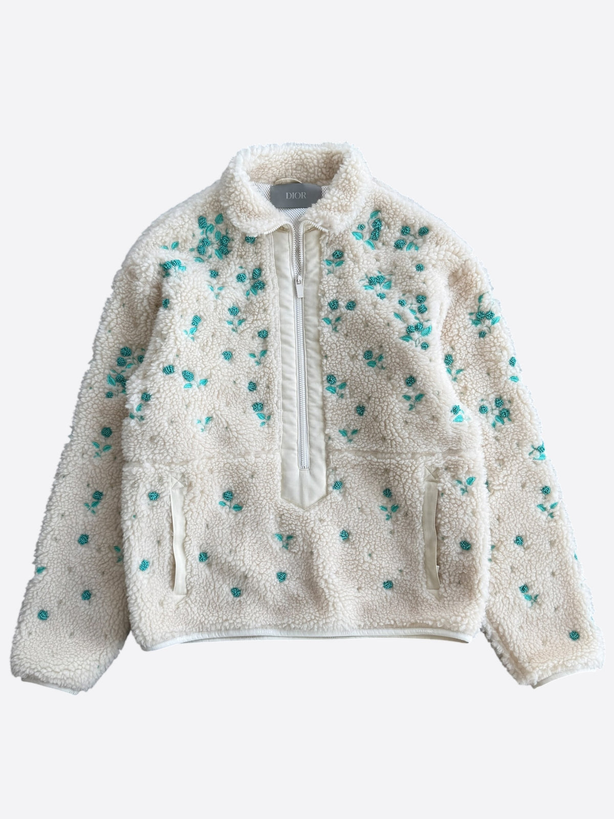 Dior Beige & Green Beaded Floral Half Zip Fleece Jacket