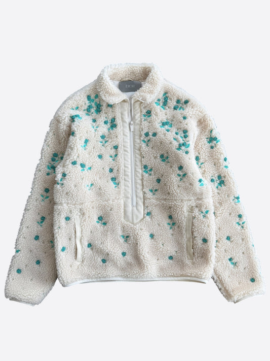 Dior Beige & Green Beaded Floral Half Zip Fleece Jacket