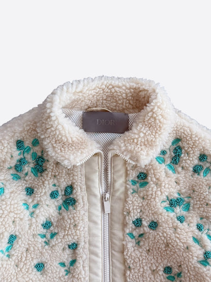 Dior Beige & Green Beaded Floral Half Zip Fleece Jacket