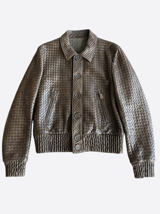 Bottega Veneta Brown Leather Intrecciato Jacket