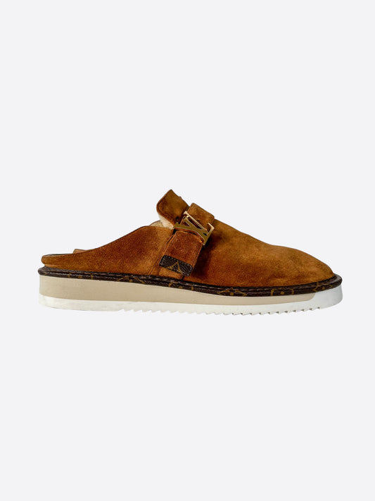 Louis Vuitton Nigo Brown Suede Fur Lined Easy Mules