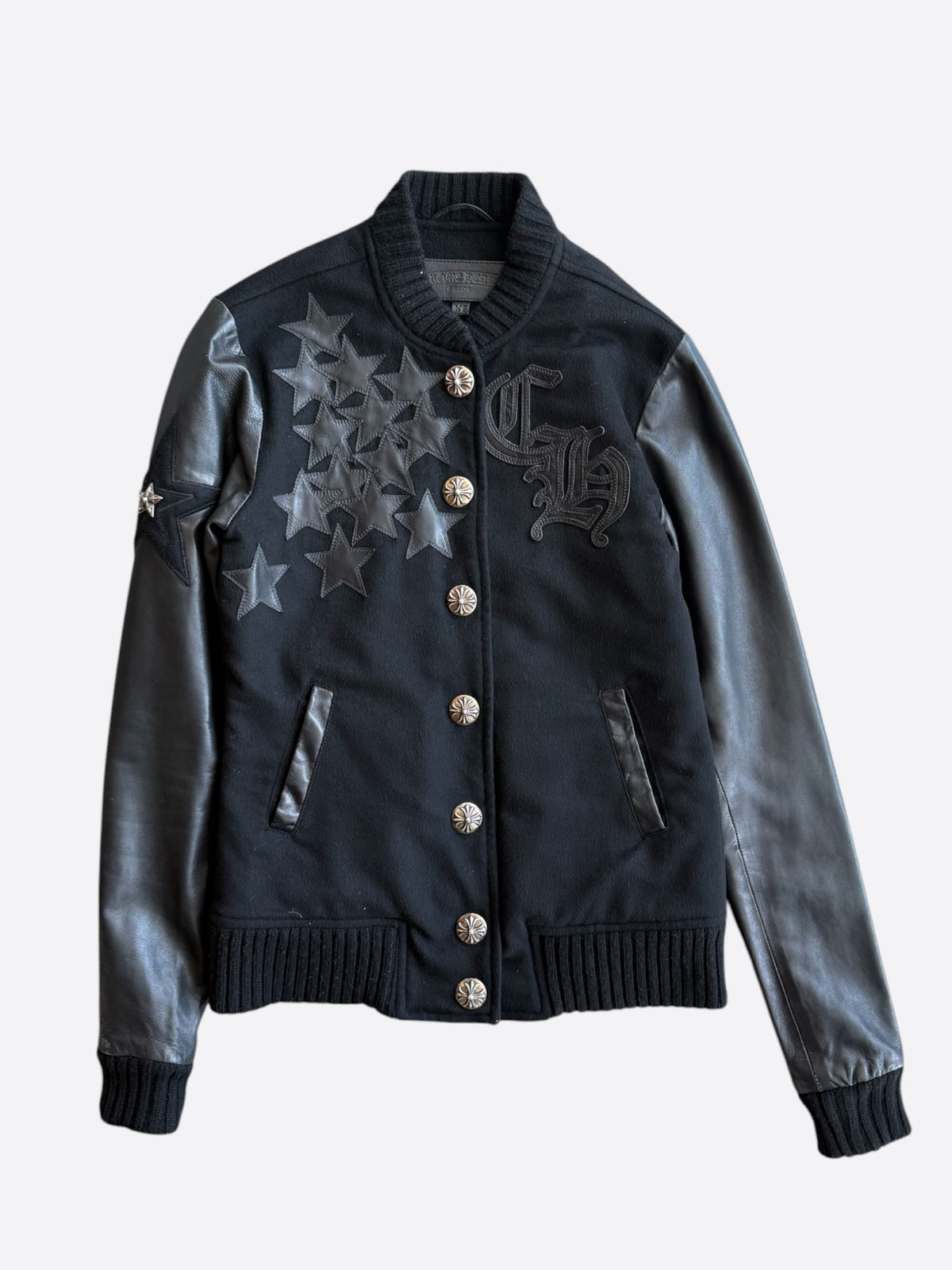 Chrome Hearts Black Leather Star  Patch Women's Varsity Jacket