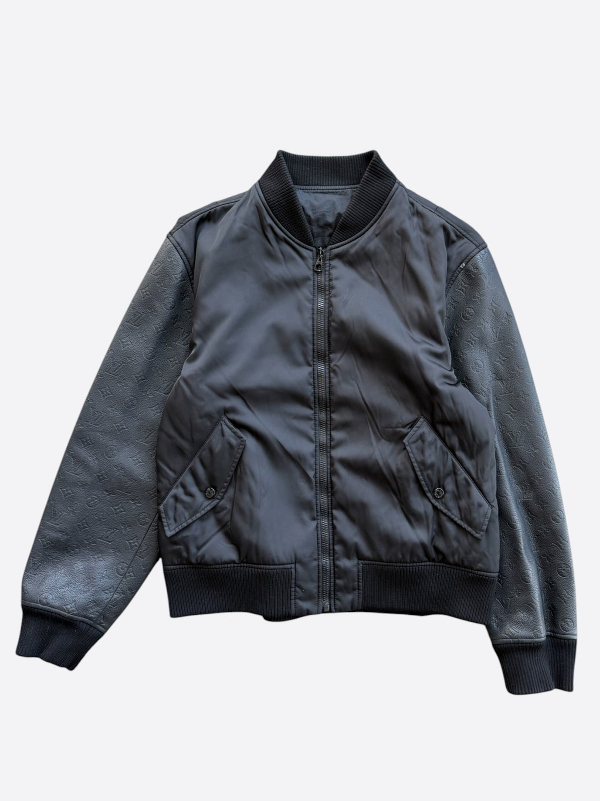 Louis Vuitton Black Leather Embossed Monogram Bomber Jacket