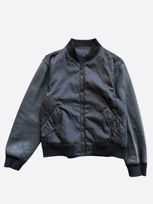 Louis Vuitton Black Leather Embossed Monogram Bomber Jacket