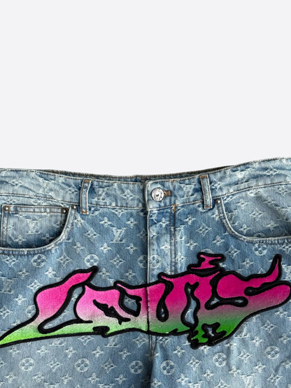 Louis Vuitton Blue & Multicolor Graffiti Logo Monogram Denim Jeans