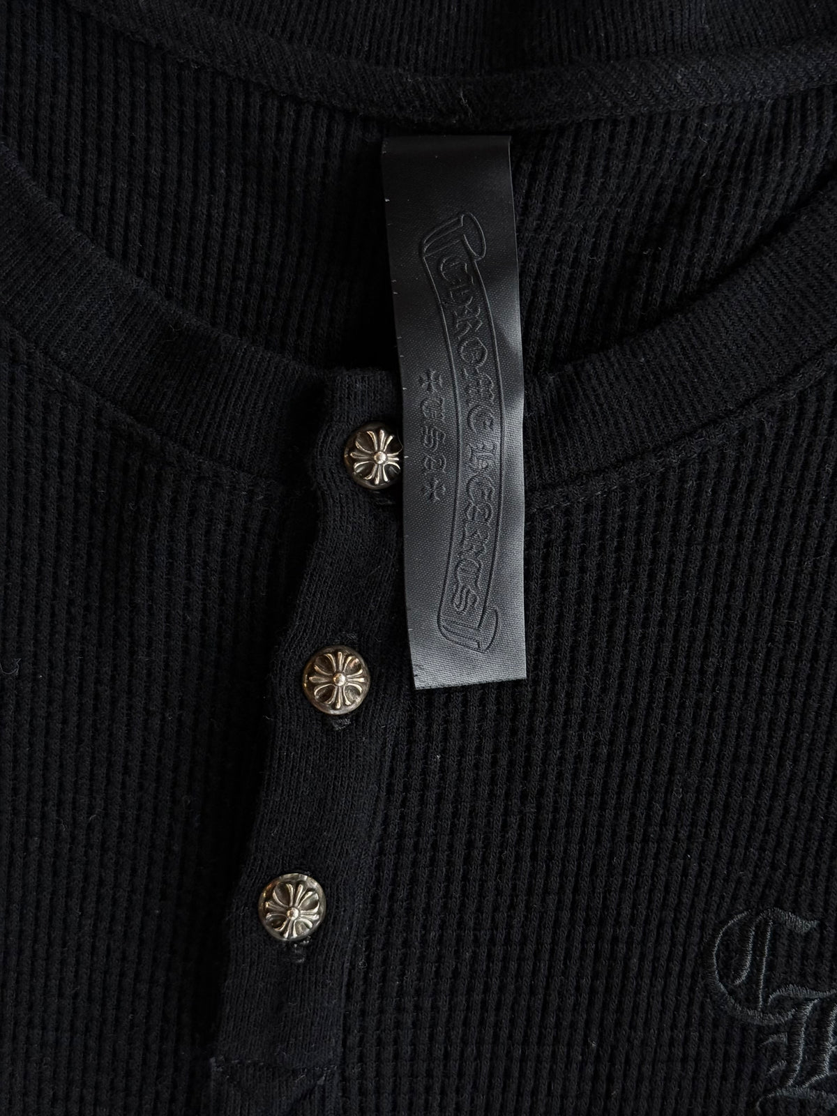 Chrome Hearts Black Embroidered CH Logo Thermal Henley T-Shirt