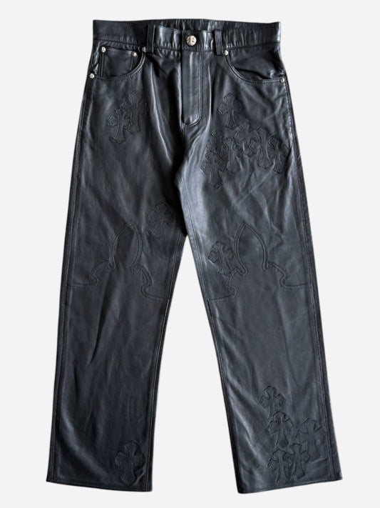 Chrome Hearts Black Leather Cross Patch Fleur Knee Kid's Jeans