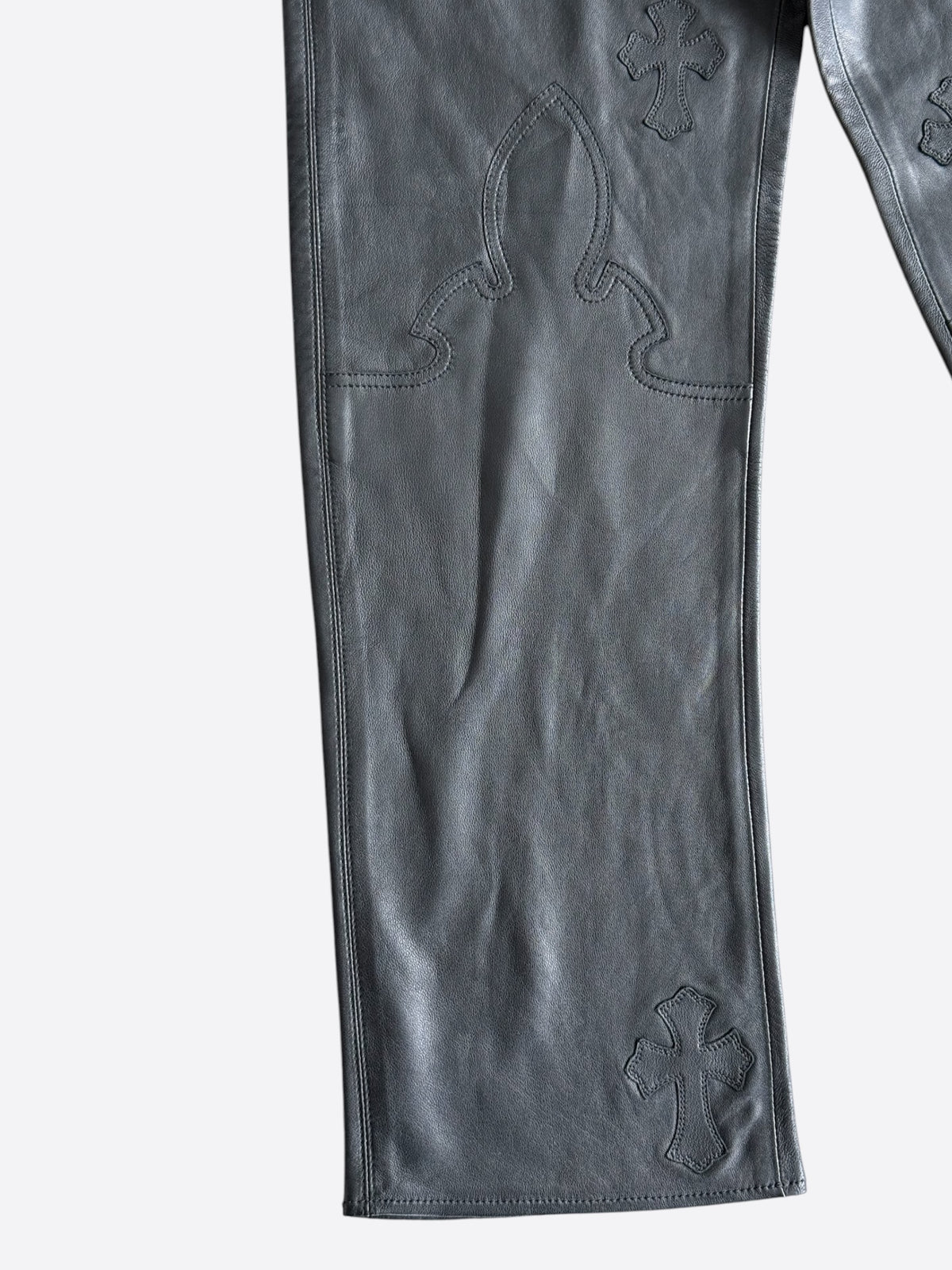 Chrome Hearts Black Leather Cross Patch Fleur Knee Kid's Jeans
