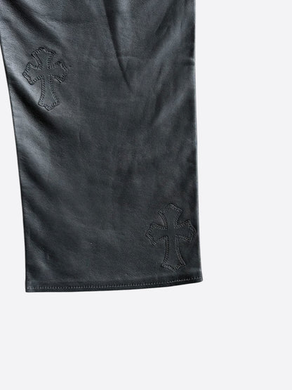 Chrome Hearts Black Leather Cross Patch Fleur Knee Kid's Jeans