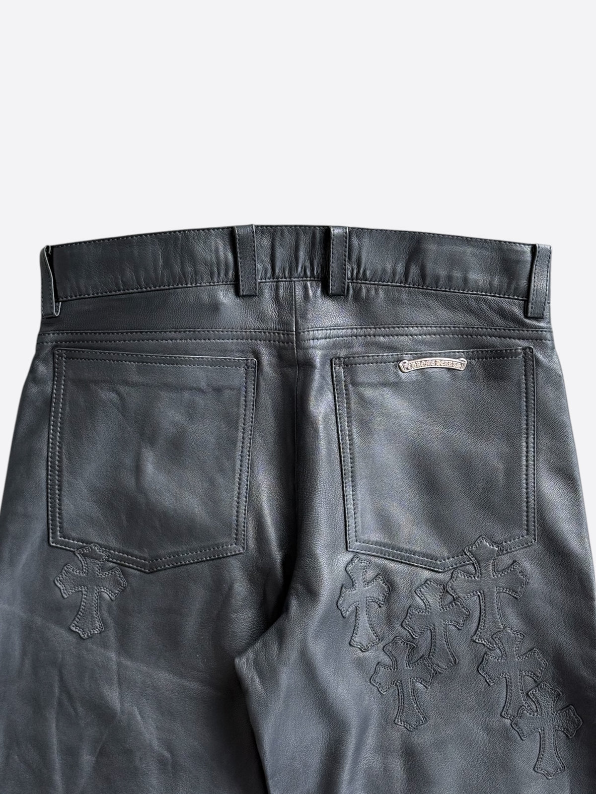 Chrome Hearts Black Leather Cross Patch Fleur Knee Kid's Jeans