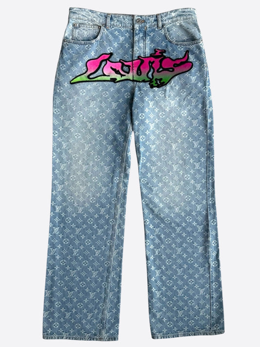 Louis Vuitton Blue & Multicolor Graffiti Logo Monogram Denim Jeans