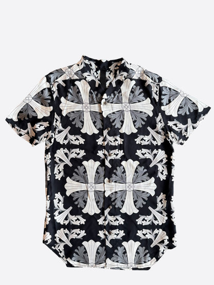 Chrome Hearts Black & White Floral Plus Cross Silk Button Up Shirt