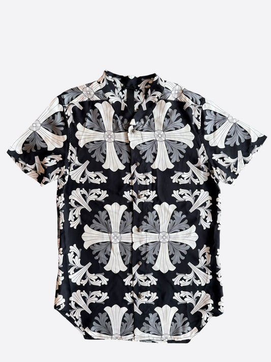 Chrome Hearts Black & White Floral Plus Cross Silk Button Up Shirt