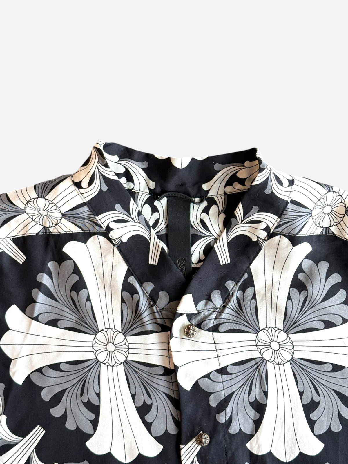 Chrome Hearts Black & White Floral Plus Cross Silk Button Up Shirt