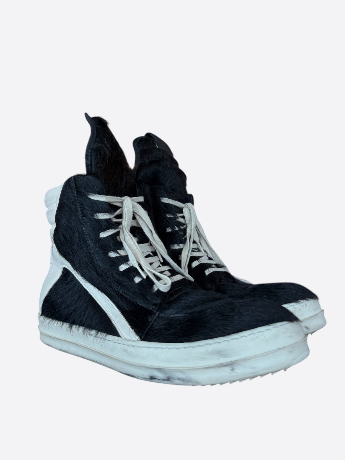 Rick Owens Black & White Ponyhair Geobasket Sneakers