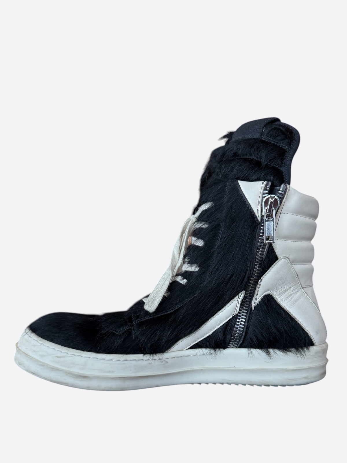 Rick Owens Black & White Ponyhair Geobasket Sneakers