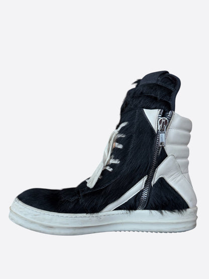 Rick Owens Black & White Ponyhair Geobasket Sneakers