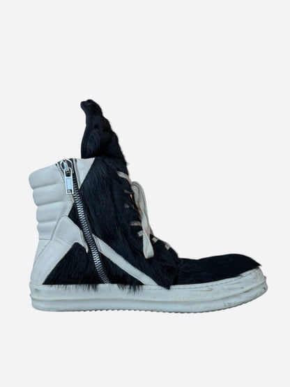 Rick Owens Black & White Ponyhair Geobasket Sneakers