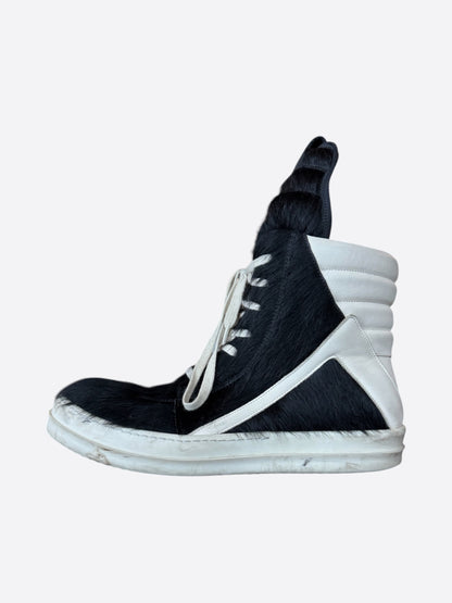 Rick Owens Black & White Ponyhair Geobasket Sneakers