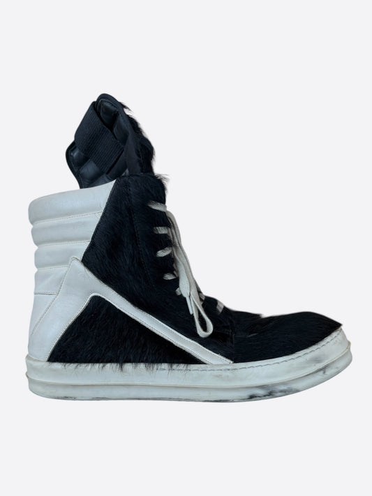 Rick Owens Black & White Ponyhair Geobasket Sneakers