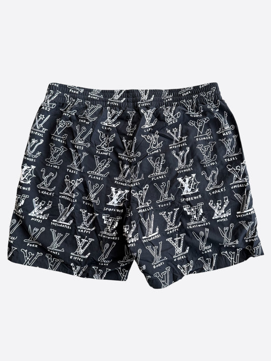 Louis Vuitton Black & White Cartoon Logo Swim Shorts