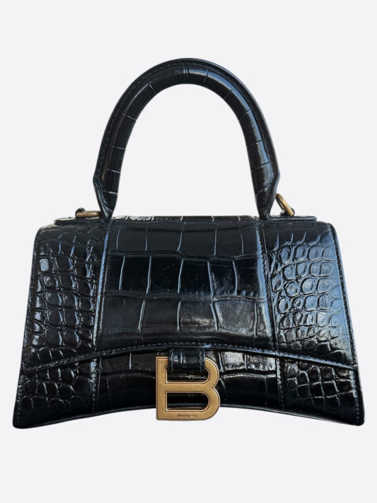 Balenciaga Black Croc Embossed Hourglass Top Handle Bag