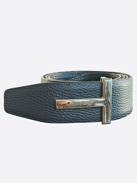 Tom Ford Black Grained Leather T Buckle Belt