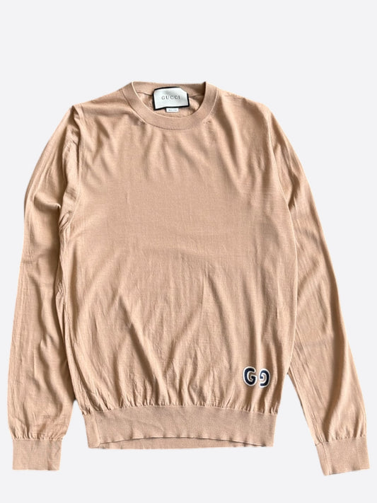 Gucci Beige Embroidered GG Logo Knit Sweater
